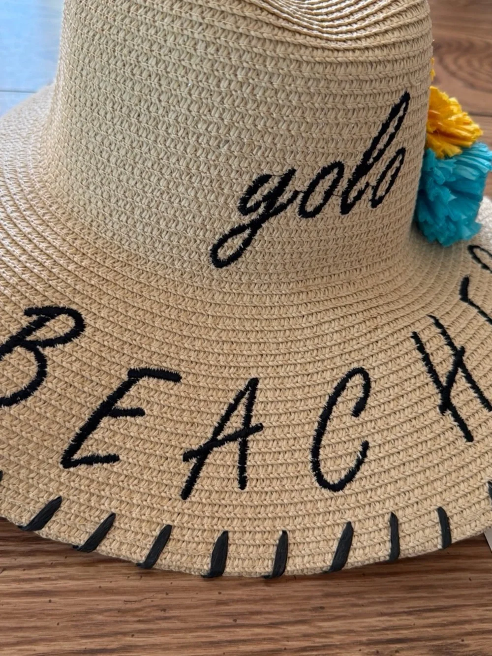 Straw Sun Hat with Yellow & Teal Flower Accent -